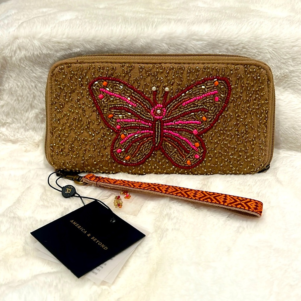 Beaded Butterfly Wristlet Wallet in Tan and Pink